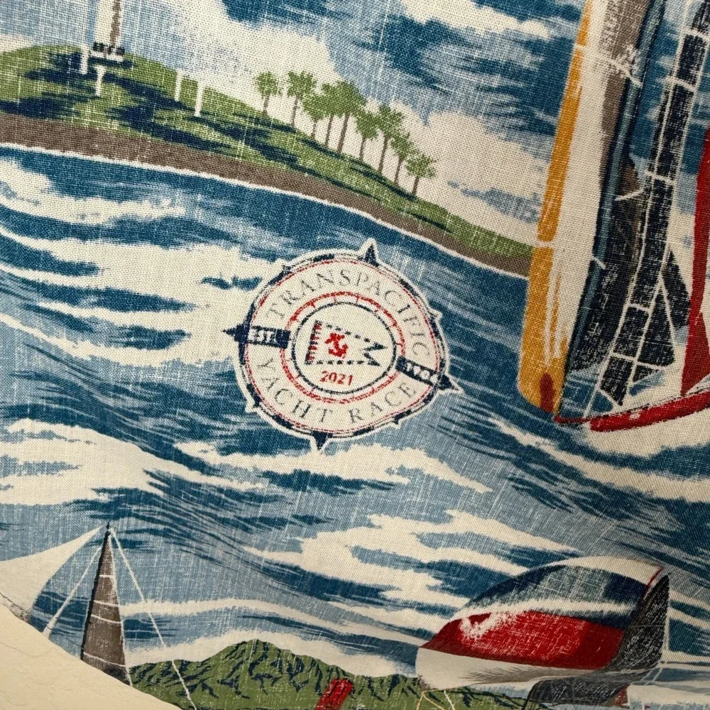 Reyn Spooner Shirt Mens Medium Blue Transpacific Yacht Race Hawaiian Camp
